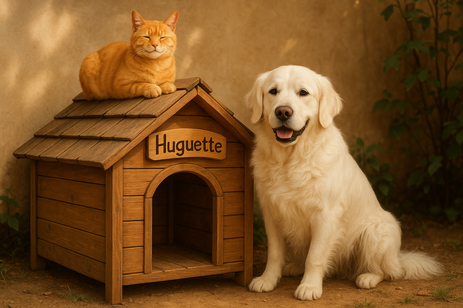 Le thème c’est la niche d’Huguette , il faut une goldenretriver blanche et une chatte rousse qui  sourie . La chatte est sur le toit de la niche